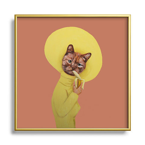 Coco de Paris Cat eating banana Square Metal Framed Art Print