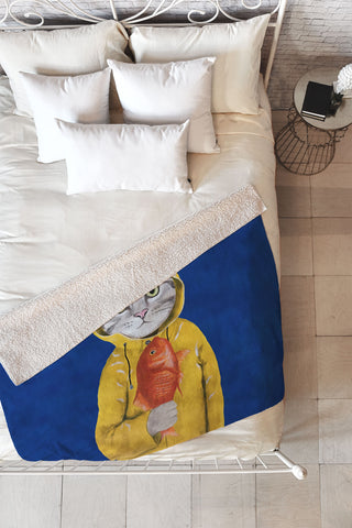Coco de Paris Cat with fish Fleece Throw Blanket