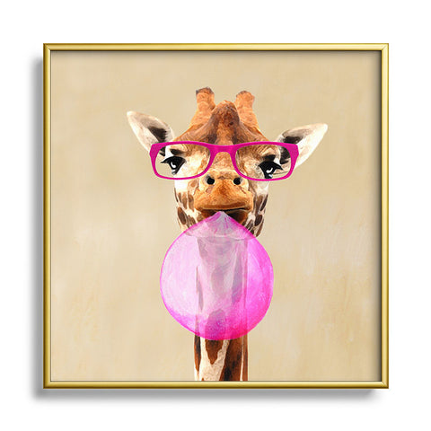 Coco de Paris Clever giraffe with bubblegum Metal Square Framed Art Print