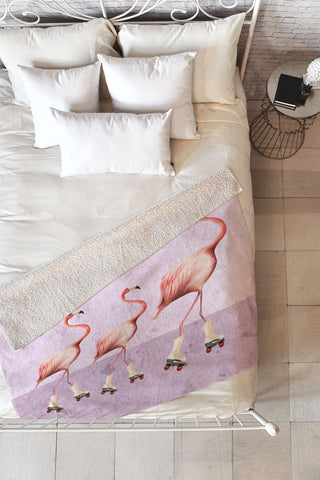 Coco de Paris Flamingo familly on rollerskates Fleece Throw Blanket
