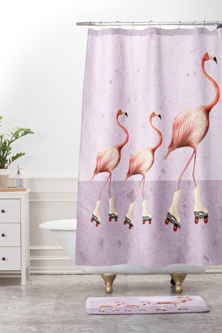 Coco de Paris Flamingo familly on rollerskates Shower Curtain And Mat