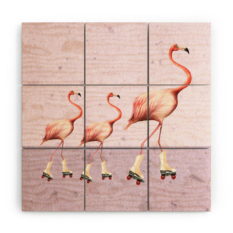 Coco de Paris Flamingo familly on rollerskates Wood Wall Mural