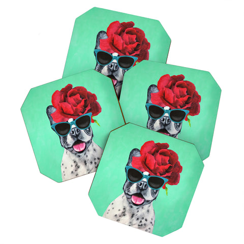 Coco de Paris Flower Power French Bulldog turquoise Coaster Set