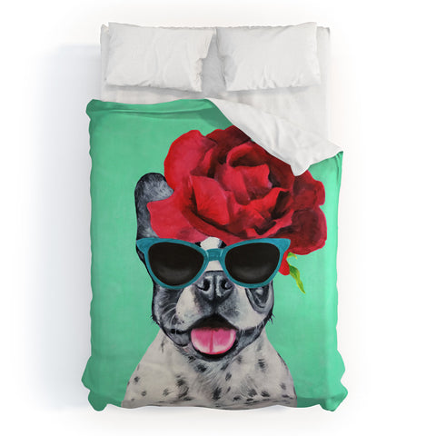 Coco de Paris Flower Power French Bulldog turquoise Duvet Cover