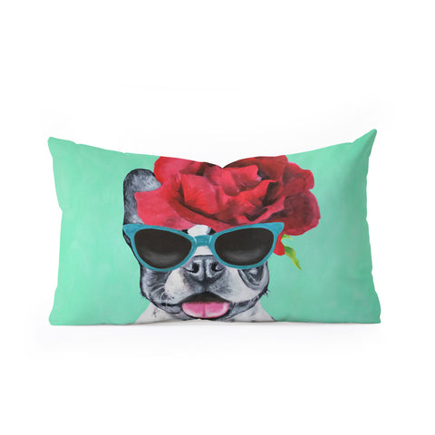 Coco de Paris Flower Power French Bulldog turquoise Oblong Throw Pillow