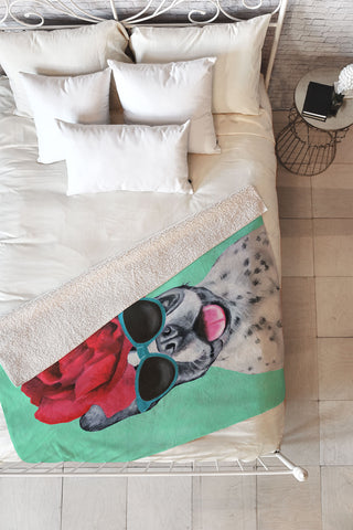 Coco de Paris Flower Power French Bulldog turquoise Fleece Throw Blanket