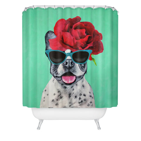 Coco de Paris Flower Power French Bulldog turquoise Shower Curtain