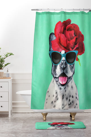 Coco de Paris Flower Power French Bulldog turquoise Shower Curtain And Mat