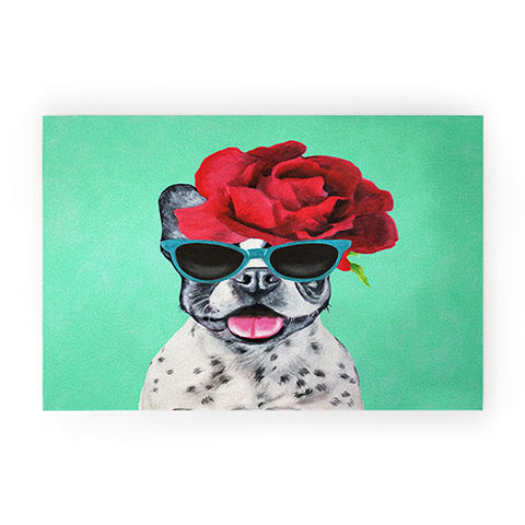Coco de Paris Flower Power French Bulldog turquoise Welcome Mat