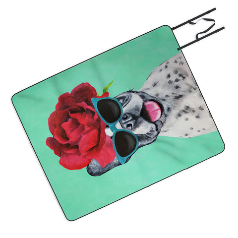 Coco de Paris Flower Power French Bulldog turquoise Picnic Blanket