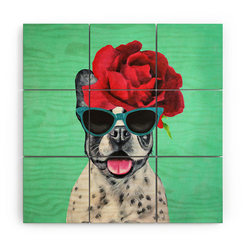 Coco de Paris Flower Power French Bulldog turquoise Wood Wall Mural