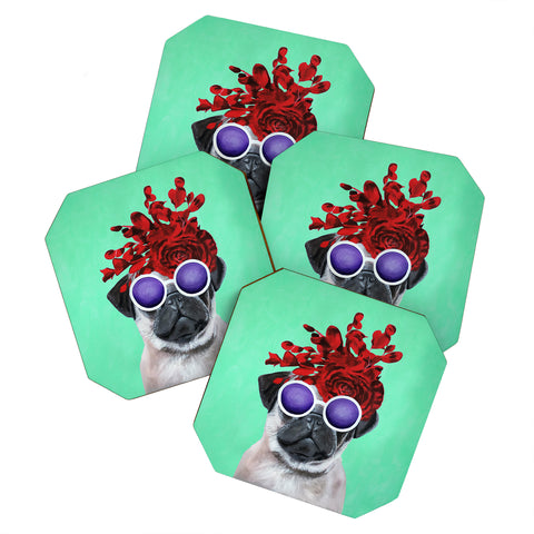 Coco de Paris Flower Power Pug turquoise Coaster Set