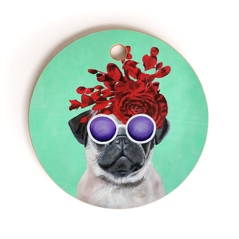 Coco de Paris Flower Power Pug turquoise Cutting Board Round