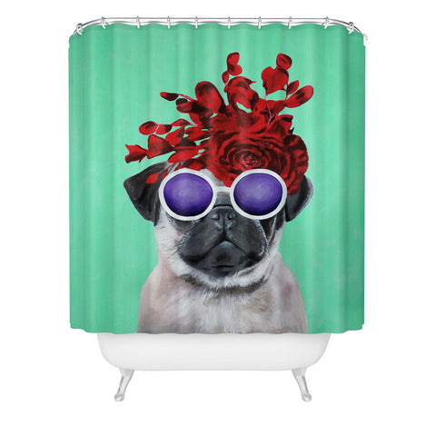 Coco de Paris Flower Power Pug turquoise Shower Curtain
