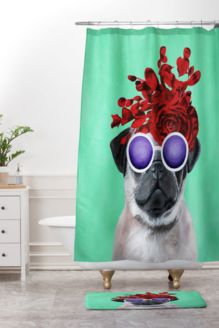 Coco de Paris Flower Power Pug turquoise Shower Curtain And Mat