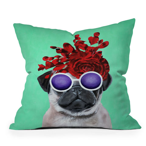 Coco de Paris Flower Power Pug turquoise Throw Pillow