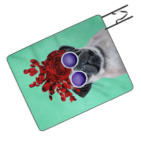 Coco de Paris Flower Power Pug turquoise Picnic Blanket