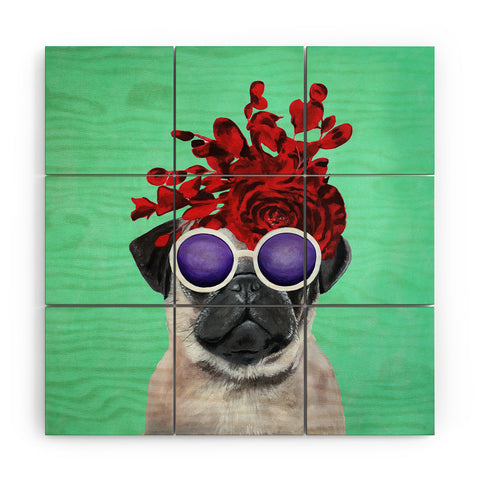 Coco de Paris Flower Power Pug turquoise Wood Wall Mural