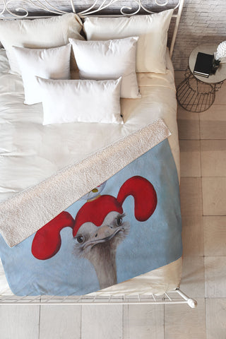 Coco de Paris Funny ostrich with stacking teacups Fleece Throw Blanket