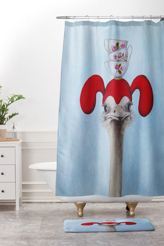 Coco de Paris Funny ostrich with stacking teacups Shower Curtain And Mat