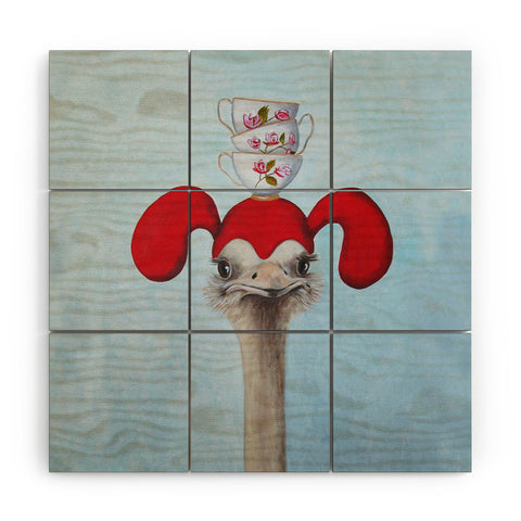 Coco de Paris Funny ostrich with stacking teacups Wood Wall Mural