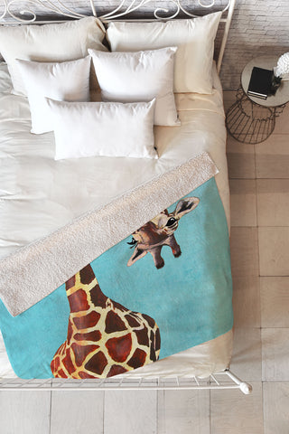 Coco de Paris Giraffe with green leaf Fleece Throw Blanket