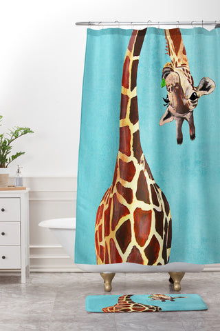 Coco de Paris Giraffe with green leaf Shower Curtain And Mat