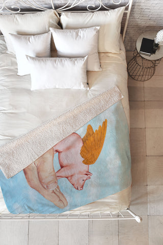 Coco de Paris Pig with Golden wings Fleece Throw Blanket