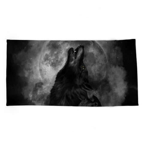 Creativemotions Black Wolf Howling Black White Beach Towel