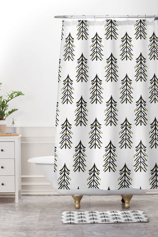 Cynthia Haller Black and gold spiky tree Shower Curtain And Mat