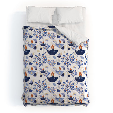 Cynthia Haller Blue Diwali diya pattern Comforter