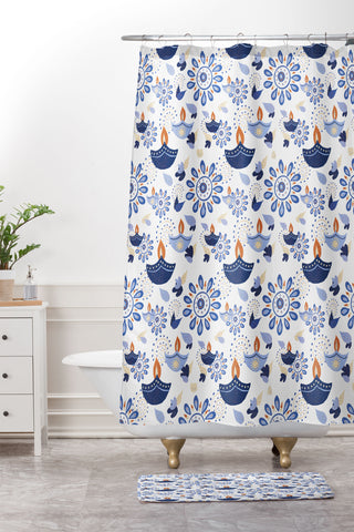 Cynthia Haller Blue Diwali diya pattern Shower Curtain And Mat
