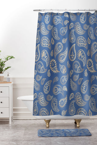 Cynthia Haller Classic blue and gold paisley Shower Curtain And Mat