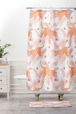 Cynthia Haller Orange and pink tiger Shower Curtain And Mat