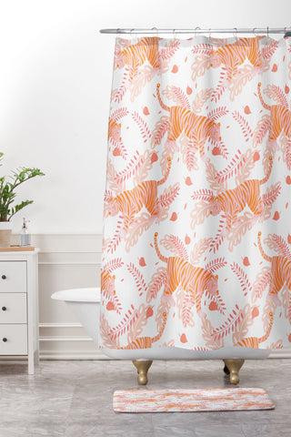 Cynthia Haller Orange and pink tiger Shower Curtain And Mat