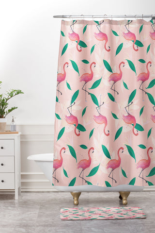 Cynthia Haller Pink flamingo tropical pattern Shower Curtain And Mat