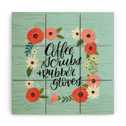 CynthiaF Coffee Scrubs and Rubber Gloves Wood Wall Mural