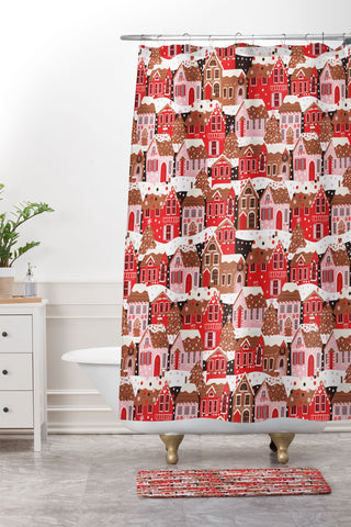CynthiaF Gingerbread Village Shower Curtain And Mat