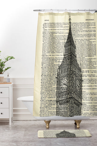 DarkIslandCity Big Ben on Dictionary Paper Shower Curtain And Mat