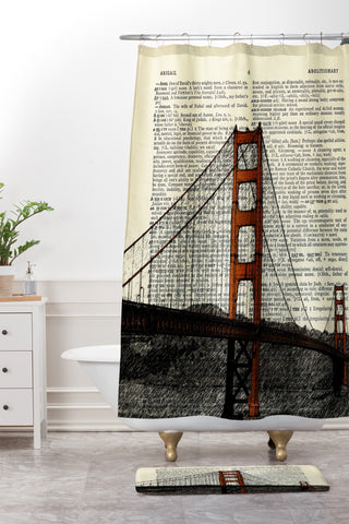 DarkIslandCity Golden Gate Bridge on Dictionary Paper Shower Curtain And Mat
