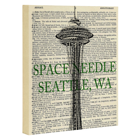 DarkIslandCity Space Needle On Dictionary Paper Art Canvas