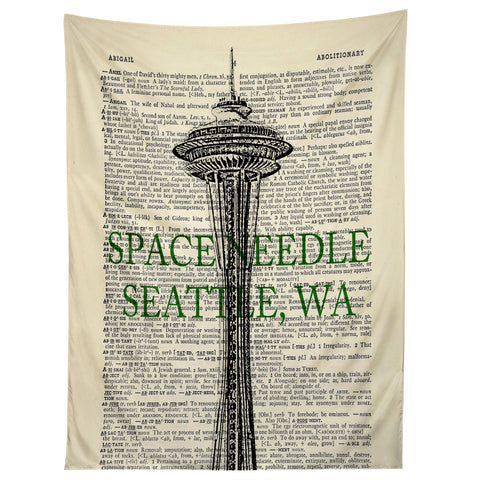 DarkIslandCity Space Needle On Dictionary Paper Tapestry