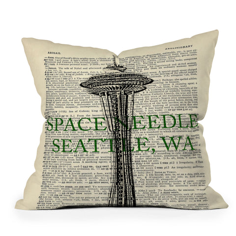 DarkIslandCity Space Needle On Dictionary Paper Throw Pillow