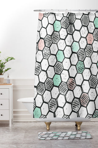 Dash and Ash Honeycomb block print Shower Curtain And Mat
