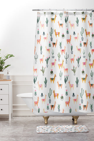 Dash and Ash Llamas and Plants Shower Curtain And Mat