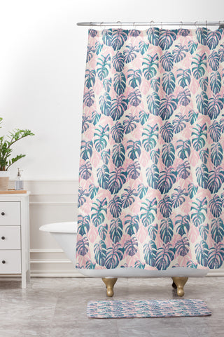 Dash and Ash Pinky Palms Shower Curtain And Mat