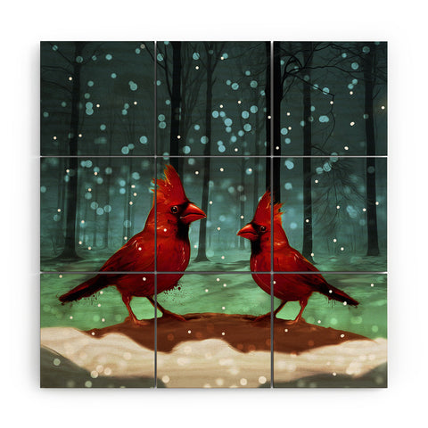 Deniz Ercelebi Cardinals In Snow Wood Wall Mural