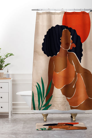 Domonique Brown Red Sun Shower Curtain And Mat