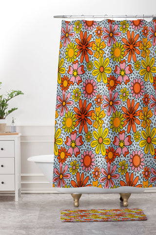 Doodle By Meg Groovy Flowers in Blue Shower Curtain And Mat