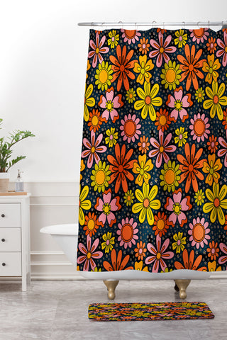 Doodle By Meg Groovy Flowers in Navy Shower Curtain And Mat
